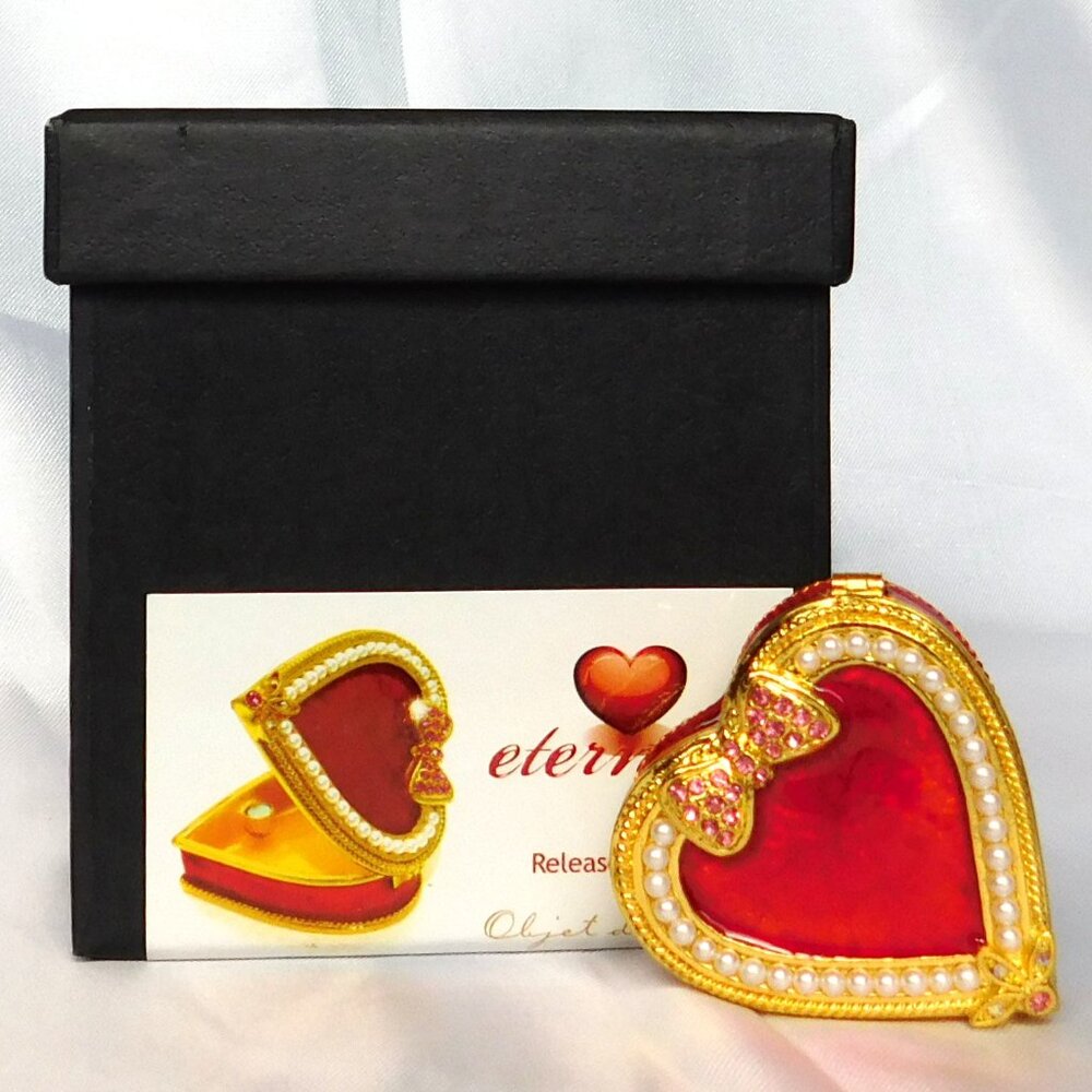Art Form Hinged Trinket Box ETERNITY #502 Red Enamel Heart Valentine Goldtone